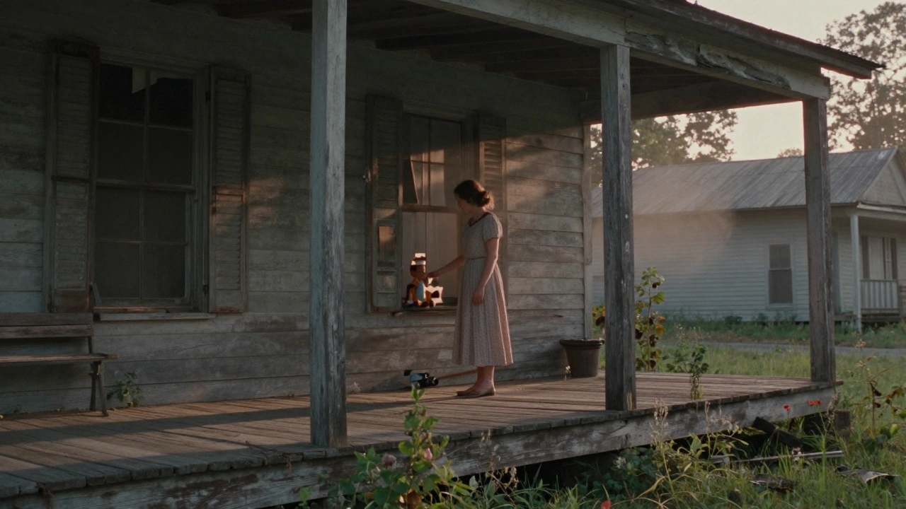 An empty porch in a deserted town at dawn, a toy left on a windowsill in the mist.