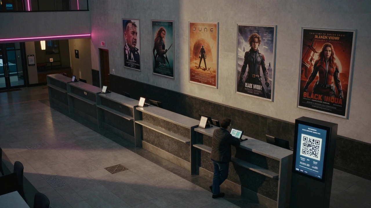 An empty theater lobby with digital kiosks promoting streaming rentals of current films.