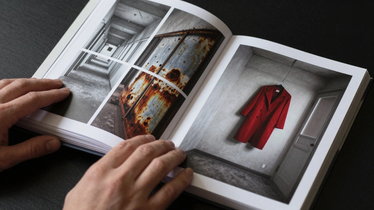 An investor's hands flipping through a physical lookbook with haunting visual sequences.
