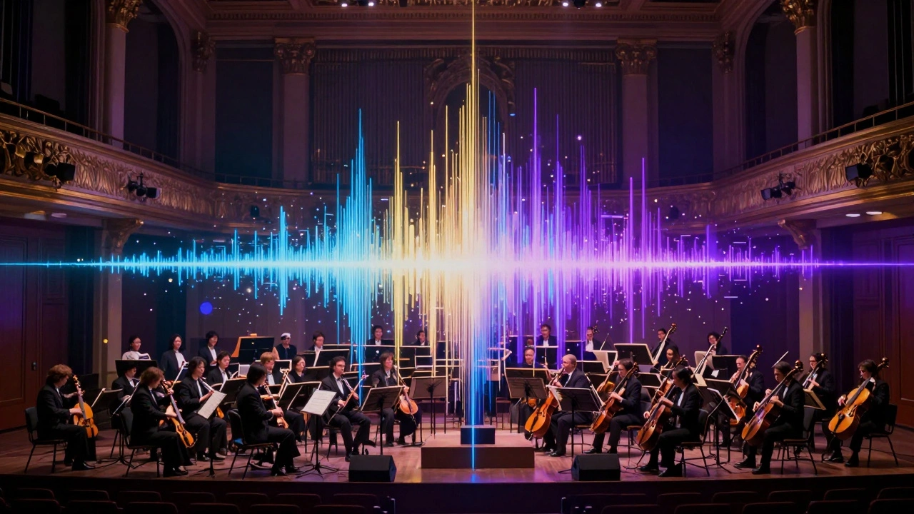 An orchestra in a grand hall overlaid with glowing basslines and glitchy synth particles, representing hybrid film scoring.