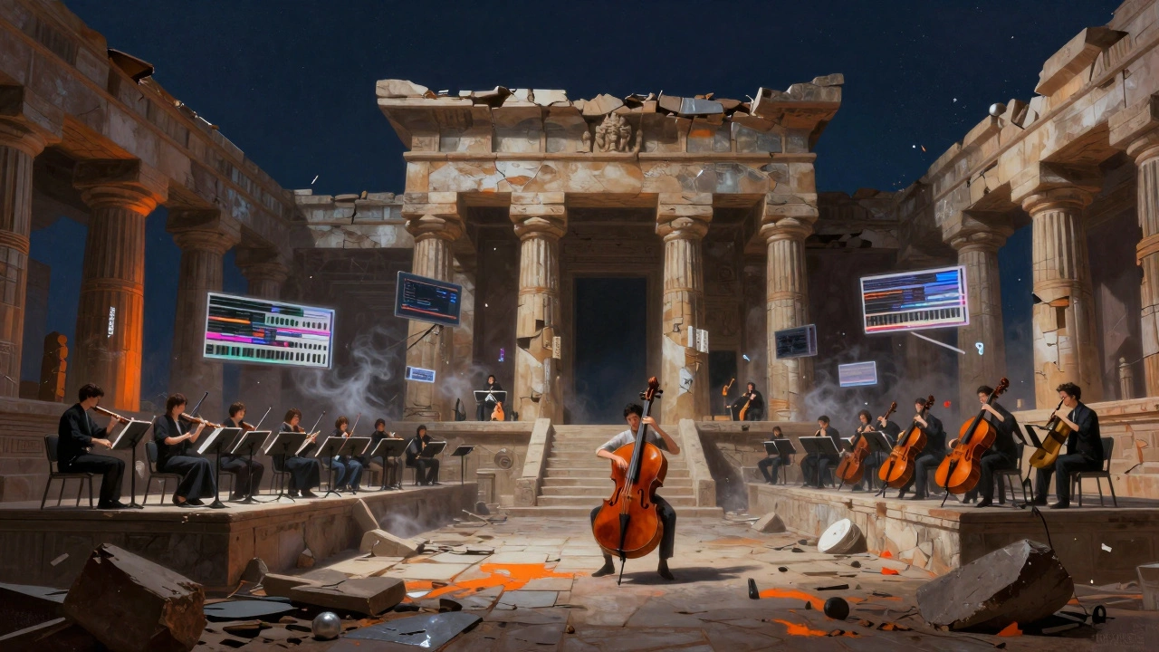 An orchestra performs in a ruined temple as floating synth pads drift between stone columns.
