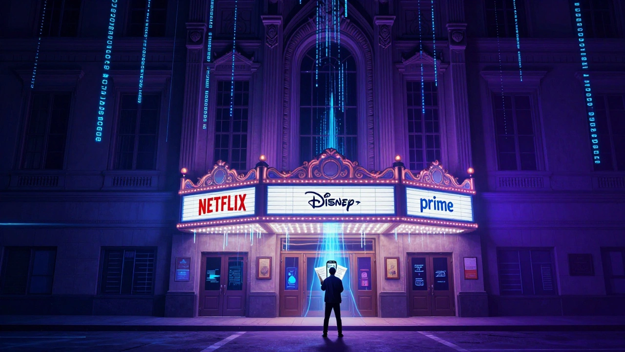 An ornate movie theater dissolving into digital data streams with streaming service logos glowing above.
