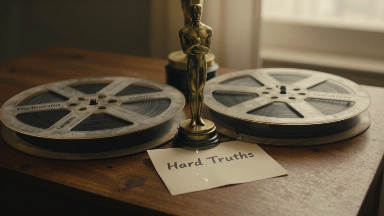 An Oscar statuette half-buried under film reels, with a note from 'Hard Truths' peeking out, illuminated by a single tear.