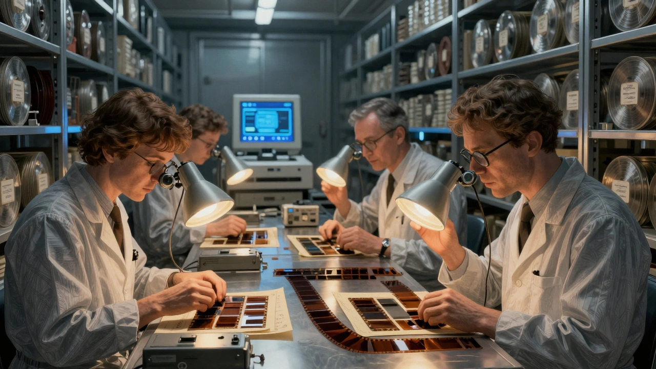 Archivists carefully restoring fragile film strips in a climate-controlled vault.