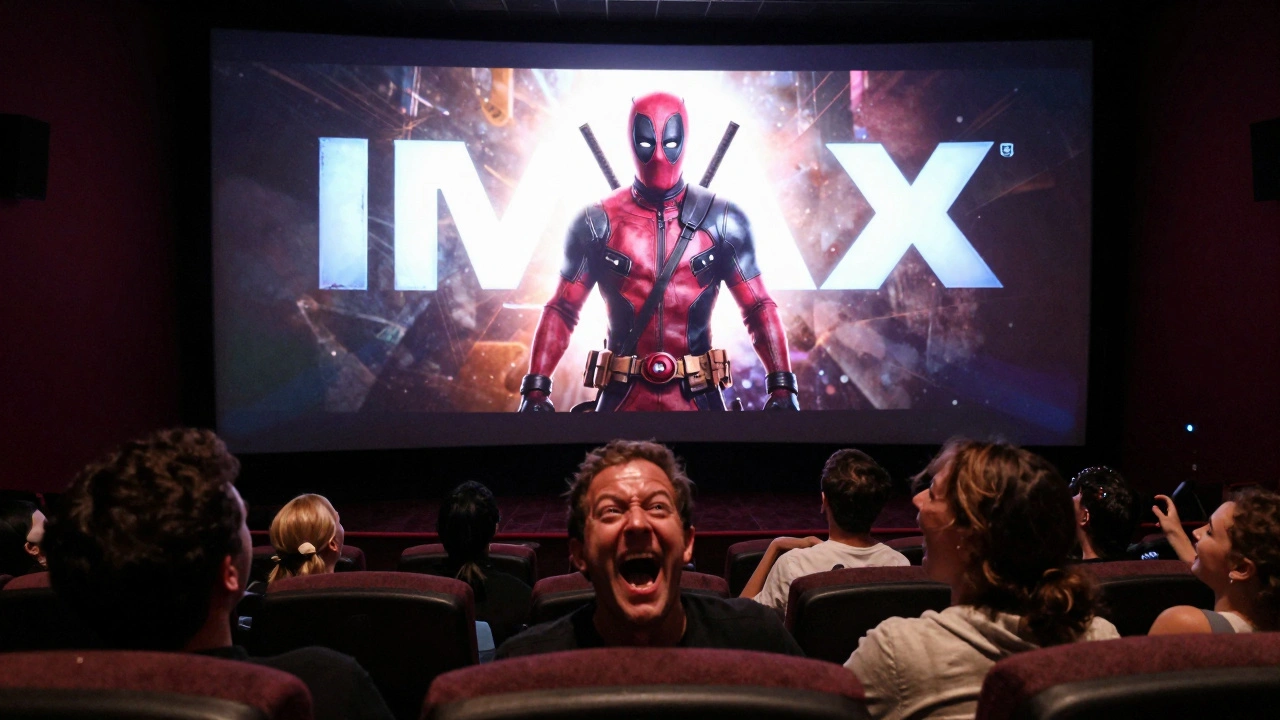 Audience reacting enthusiastically to a blockbuster film on a giant IMAX screen.