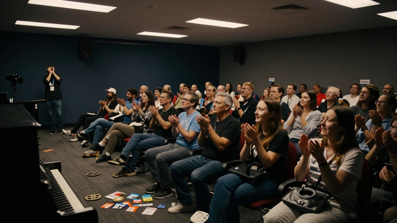 Audience standing in ovation at Sundance Film Festival, moved by a documentary about a rural piano tuner.