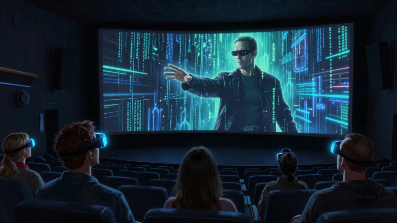 Audiences wearing AR glasses experience The Matrix re-release with holographic code and digital effects.