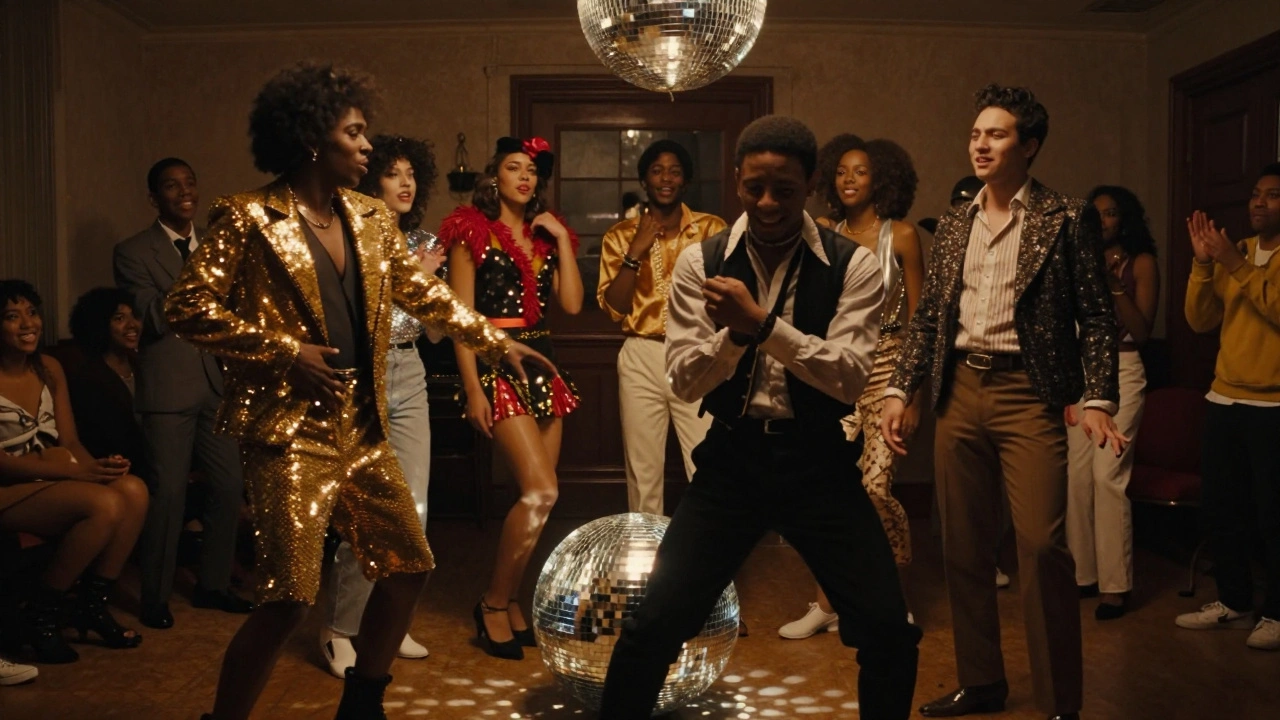 Black and Latino queer youth vogueing in a 1980s Harlem ballroom, glittering costumes under disco lights.