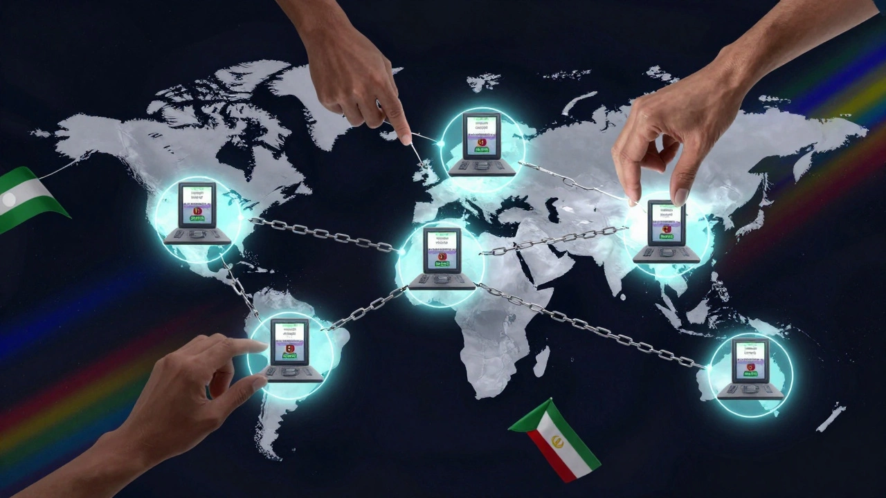 Blockchain network of global devices sharing banned films, chains breaking as hands connect across continents.