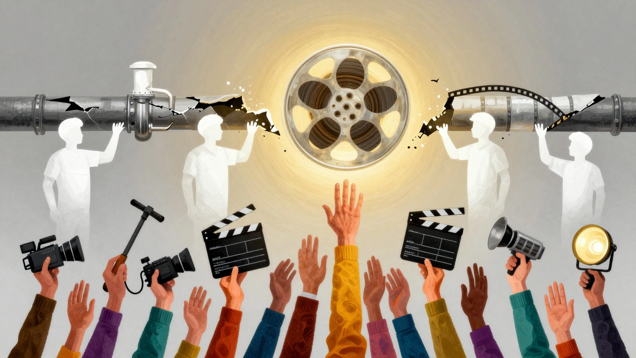 Broken pipeline turning into colorful hands rising with film tools, symbolizing inclusive hiring.