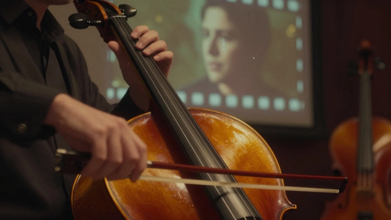 Cello player’s hand bowing as a tear falls, film projection behind them, warm ambient glow.