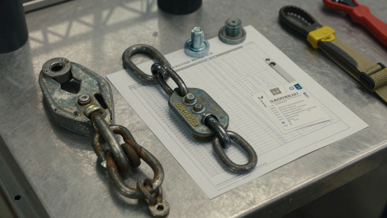 Certified rigging hardware and load chart on a workbench, showing professional-grade equipment used on film sets.