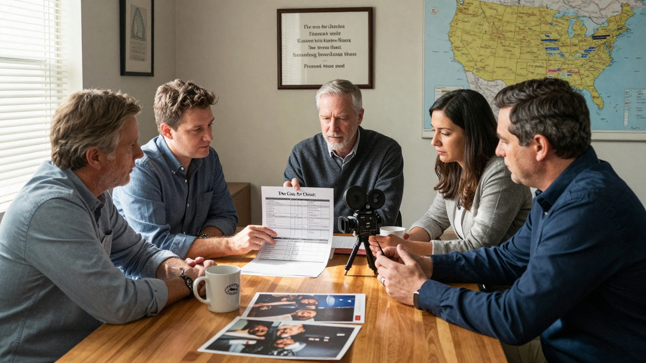Christian investors reviewing a film budget with stills and a camera model on a wooden table.