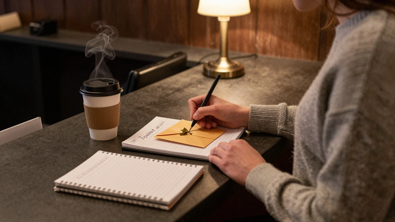 Cinema staff writing a personal thank-you note to a first-time visitor in a quiet lobby.
