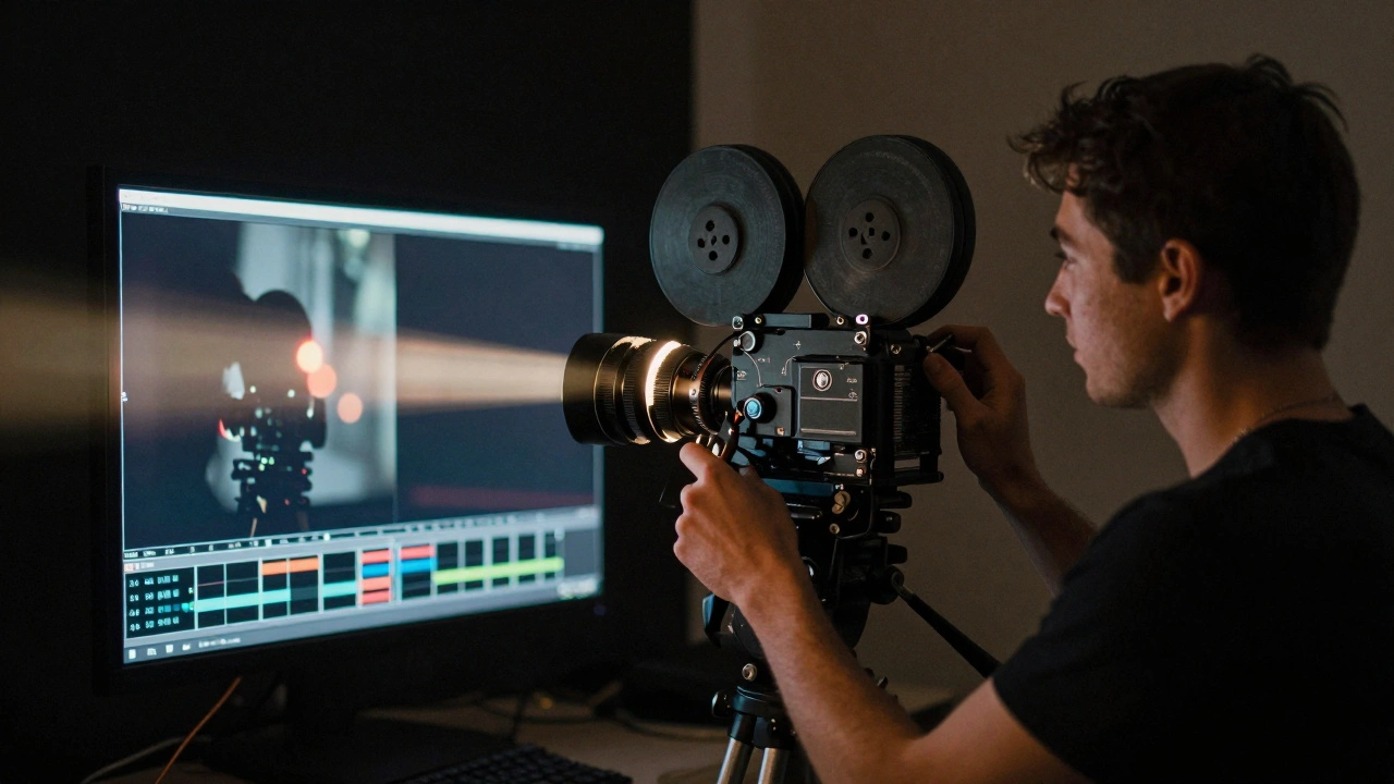 Cinematographer adjusting an anamorphic lens on a film camera, with horizontal flares glowing in the background.