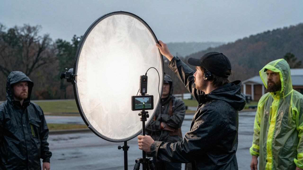 Cinematographer adjusts lighting on a rainy film set while a live upload device streams footage to the cloud.