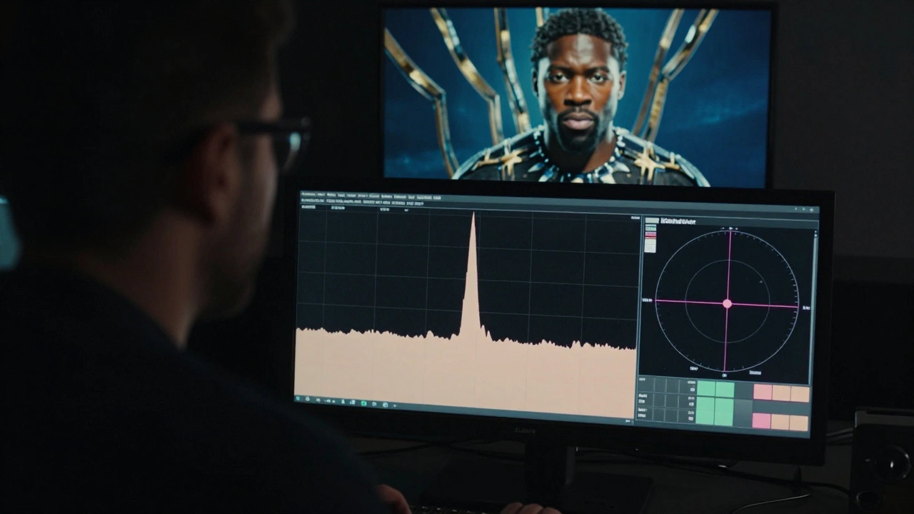 Cinematographer checking skin tone accuracy on waveform and vectorscope during color grading.