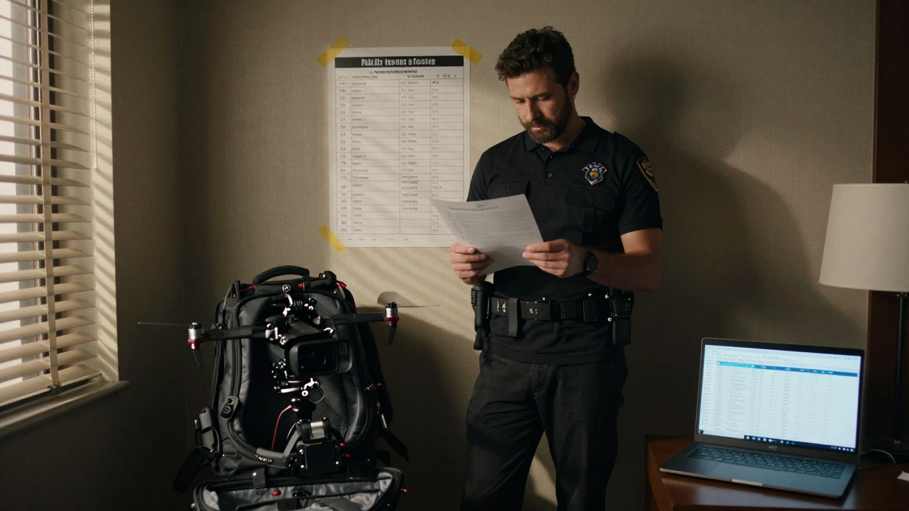Cinematographer in hotel room holding police report beside stolen equipment and gear log.