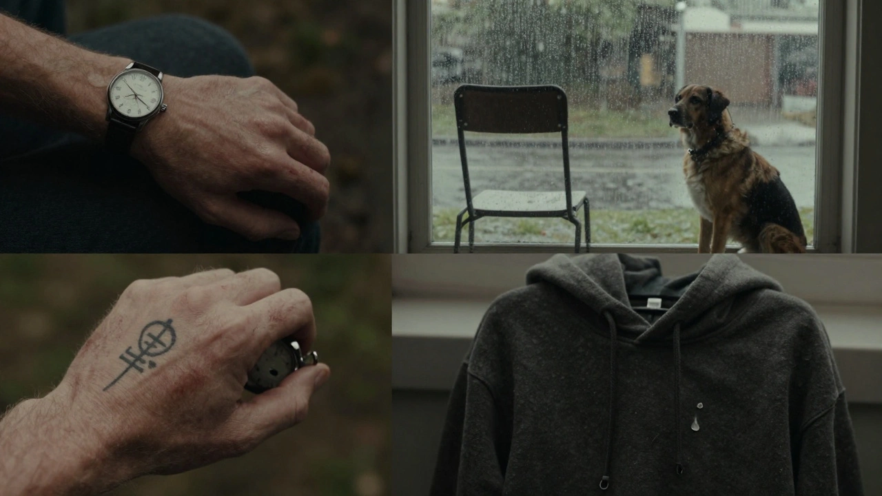 Close-up details of emotional storytelling: a broken watch, a faded tattoo, a dog beside an empty chair, and a tear-stained hoodie.