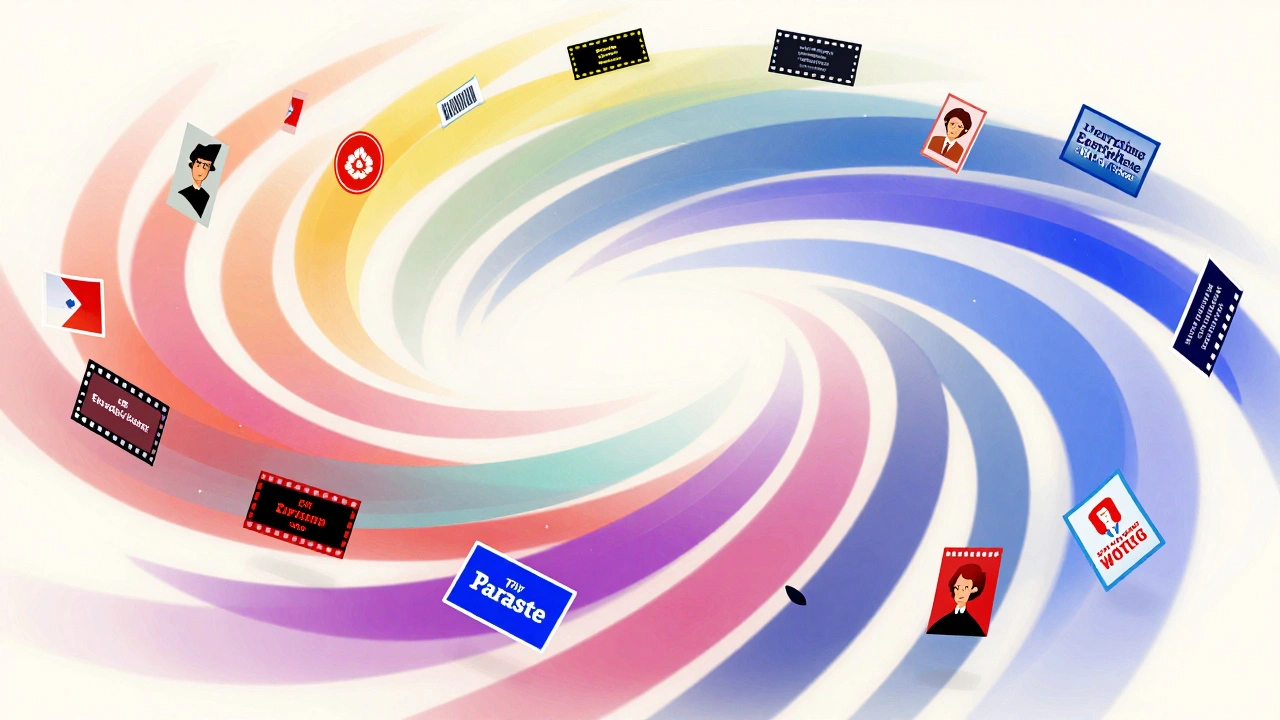 Colorful ballots swirling in a ranked-choice voting system