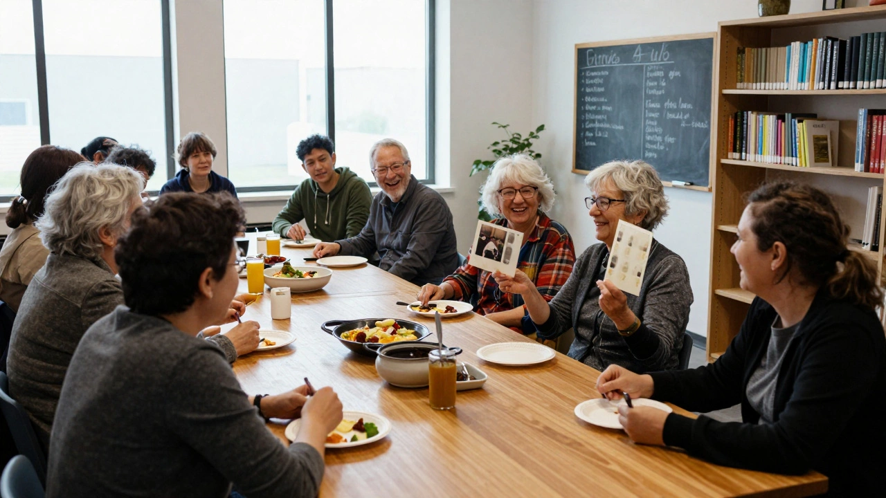Community members sharing food and stories after a film screening in a bright library space.