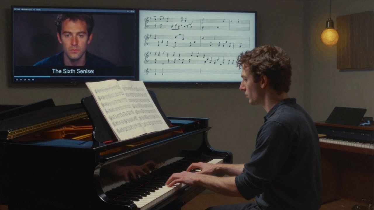 Composer at piano with ghostly temp track overlay, original score in front, dim studio lighting.