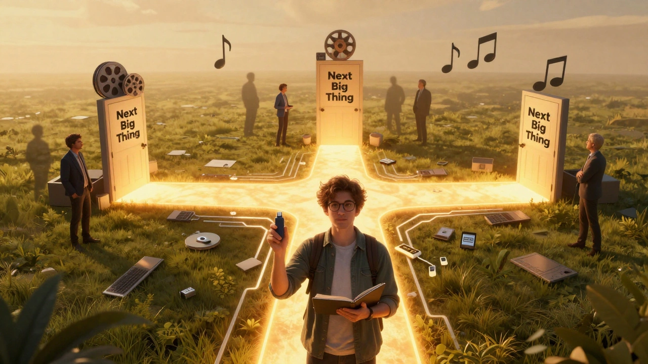 Conceptual crossroads of film, tech, and music symbolizing SXSW as a gateway to new opportunities.