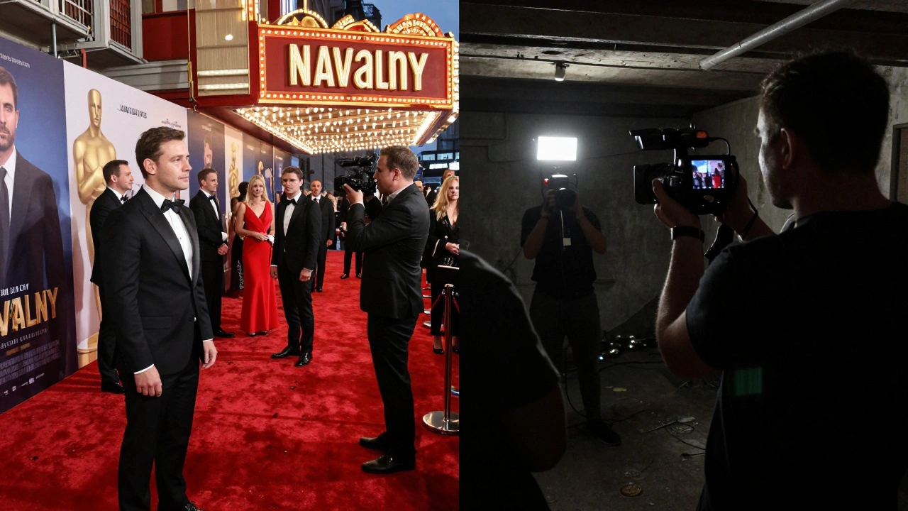 Contrasting scenes: a glamorous Oscar campaign event and raw footage filmed under siege in Ukraine.