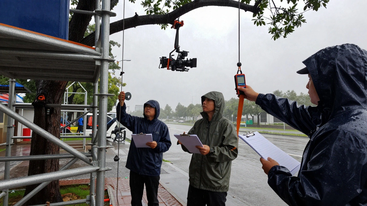 Crew inspecting rain-drenched rigging after a storm, using load cells and clipboards to verify safety.