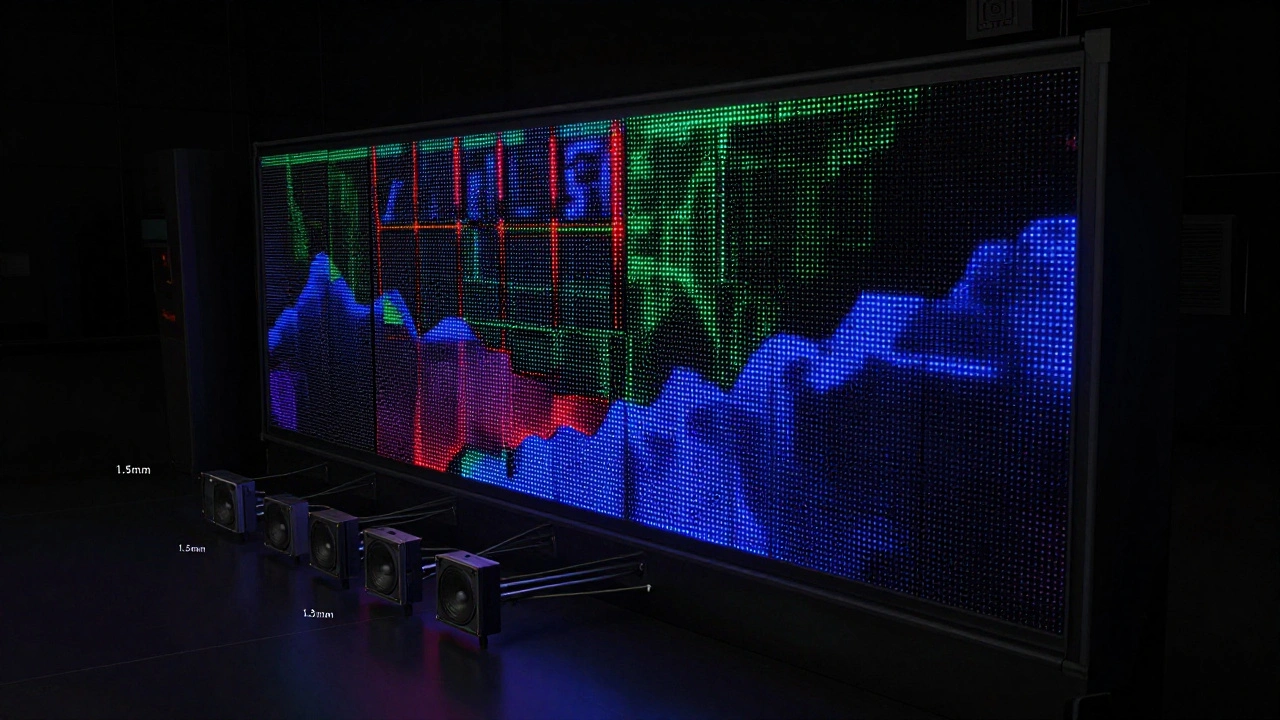 Cross-section of an LED cinema screen showing tiny RGB pixels and embedded audio drivers in precise grid formation.