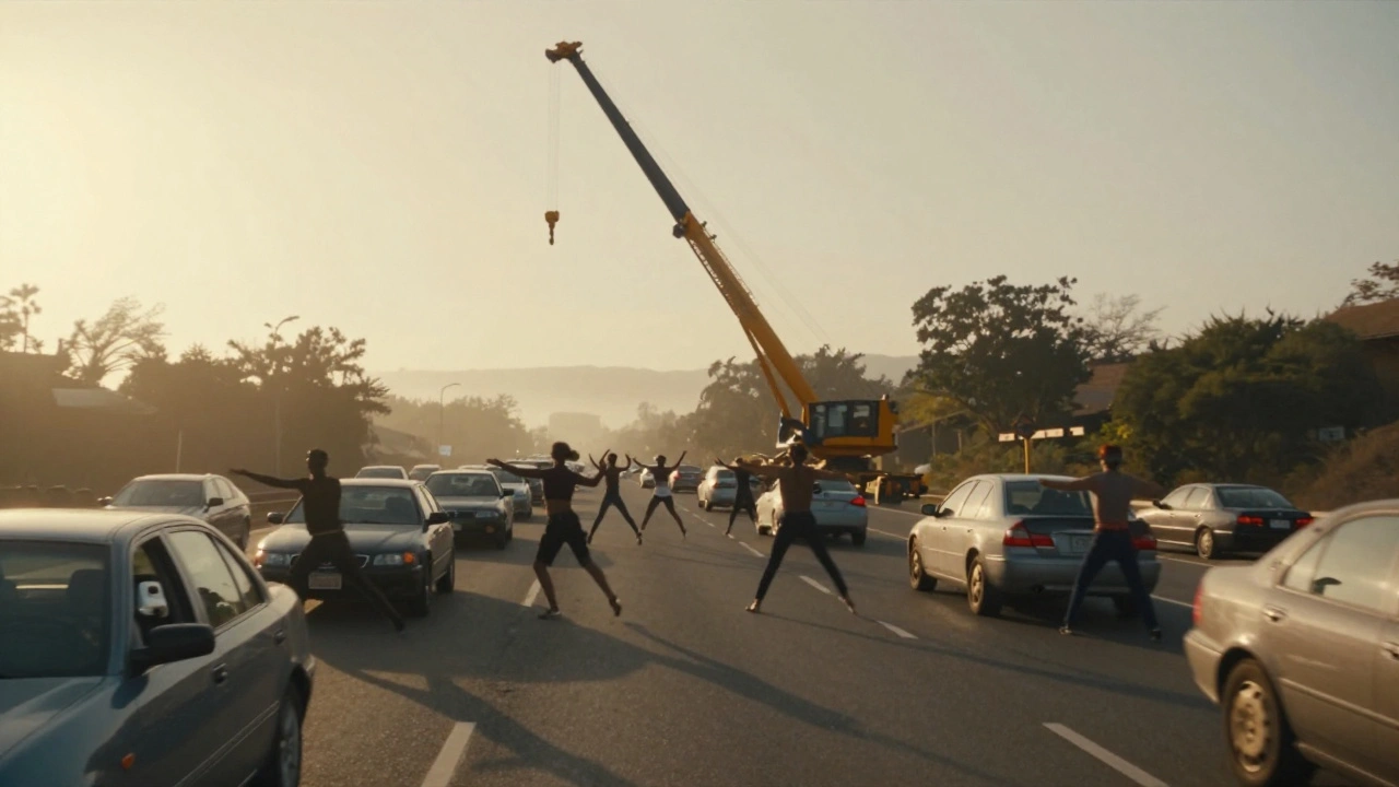 Dancers move in sync along a sunlit highway, cars passing beside them in motion.