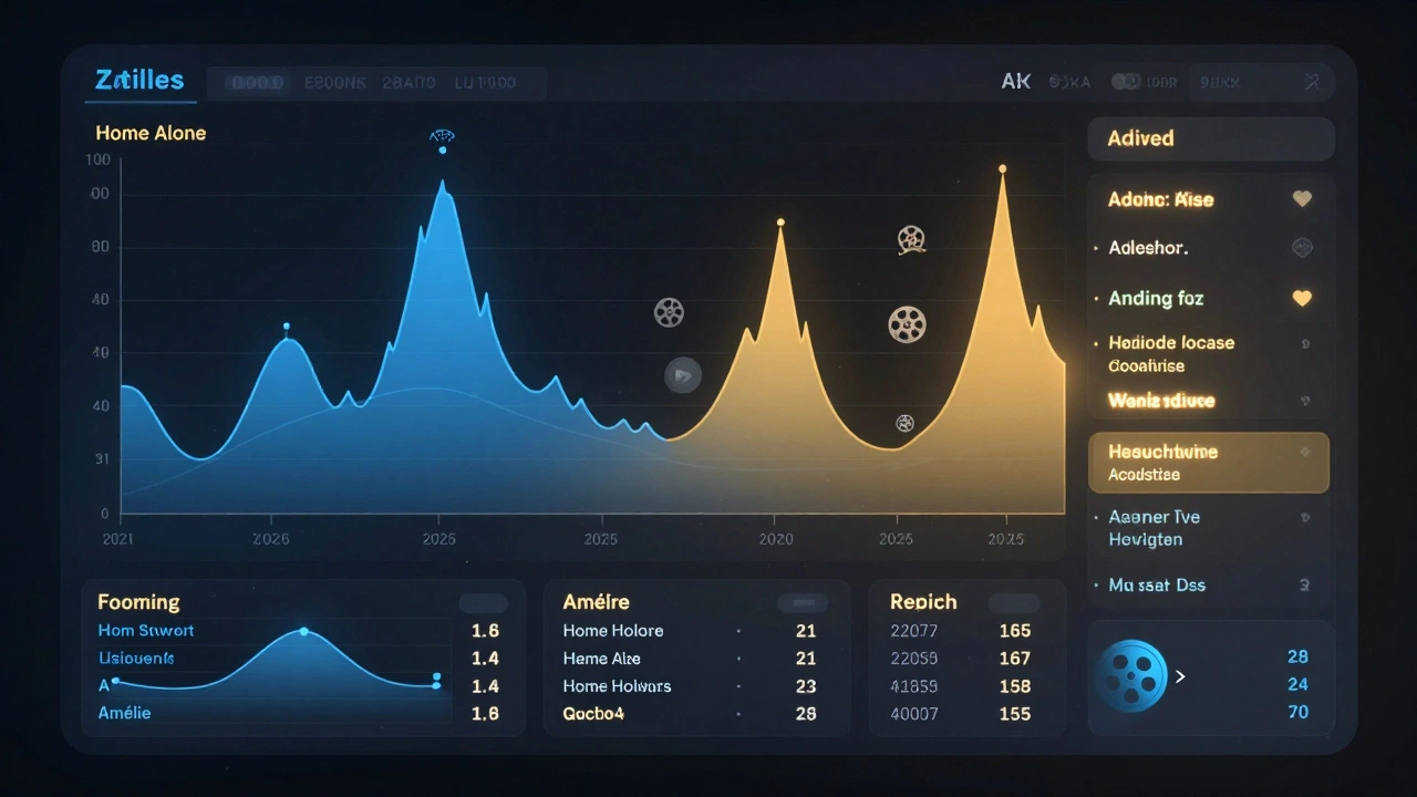 Digital dashboard showing streaming data with animated graphs highlighting classic films with high rewatch rates.