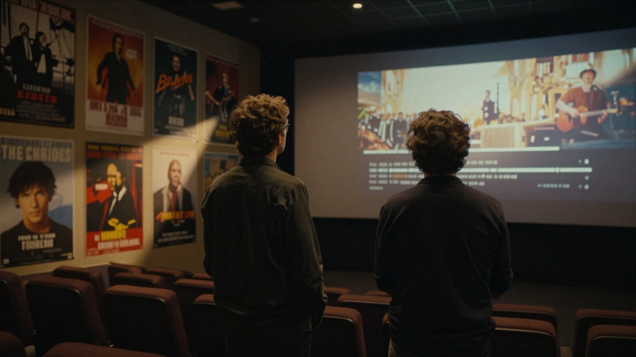Director and composer watching a film scene as temp music fades into original score, soft golden light.