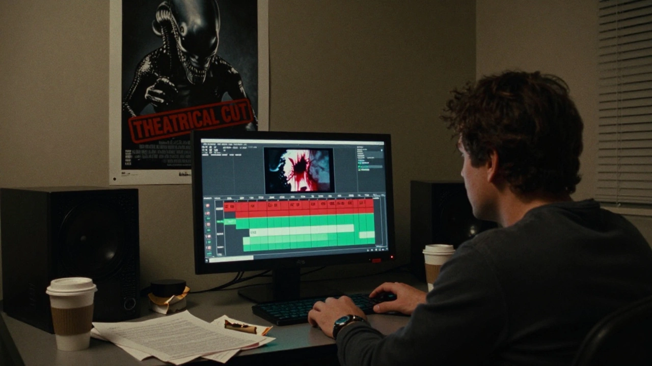 Director in dim editing room surrounded by cut scenes, one flickering frame of Alien’s chestburster on screen.