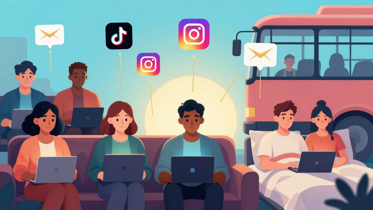 Diverse audience members watching an independent film on personal devices, connected by digital marketing icons.