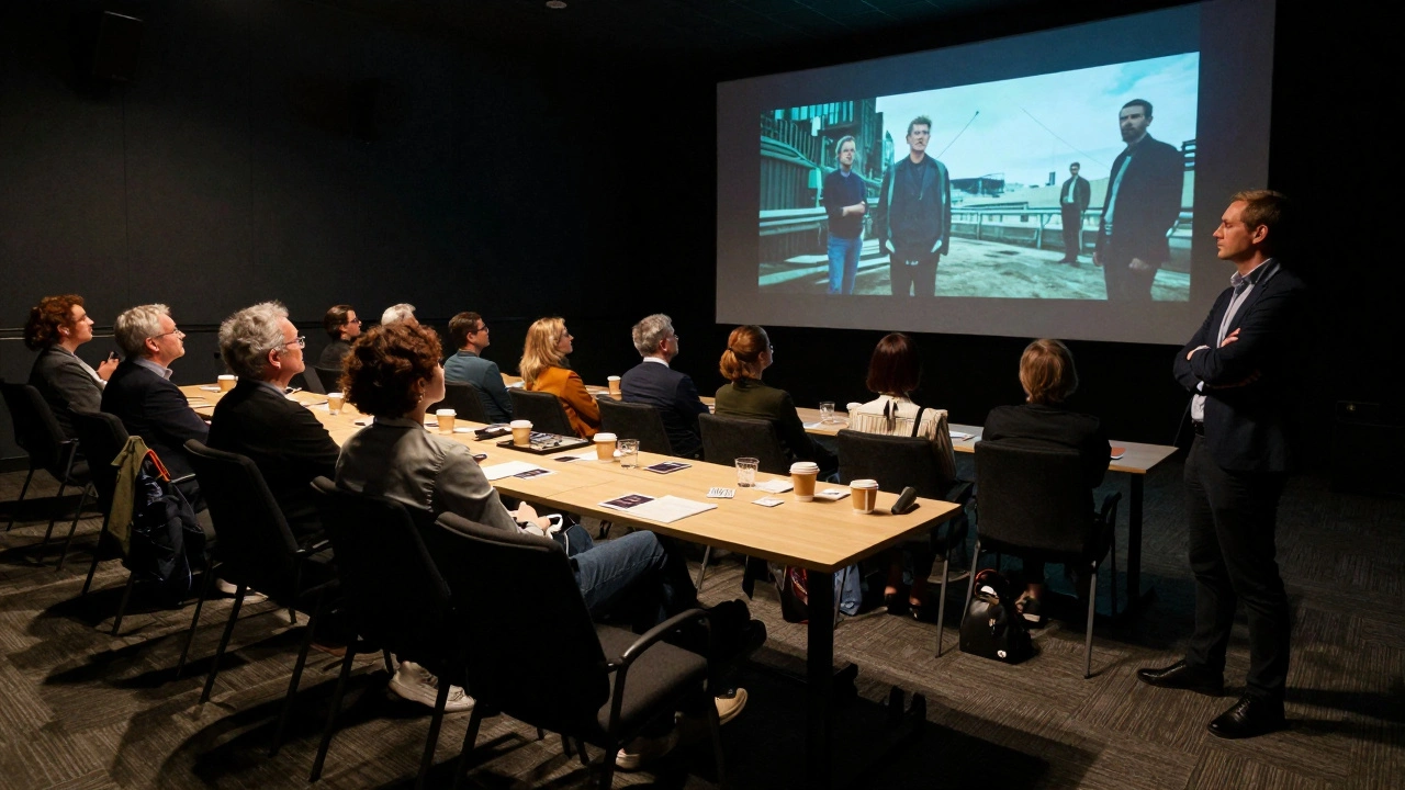 Diverse buyers watching a film in a Cannes screening room, lit by projector glow