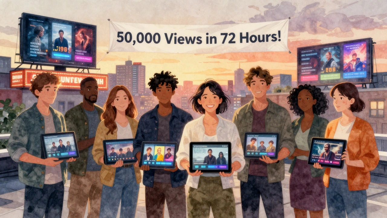 Diverse group of indie filmmakers on rooftop, holding tablets with streaming success metrics at sunset.