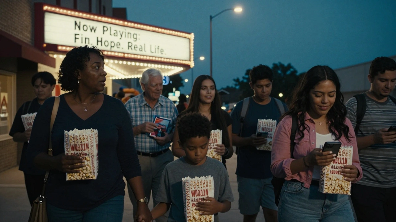 Diverse group of viewers exiting a small-town theater with DVD cases, at dusk under streetlights.