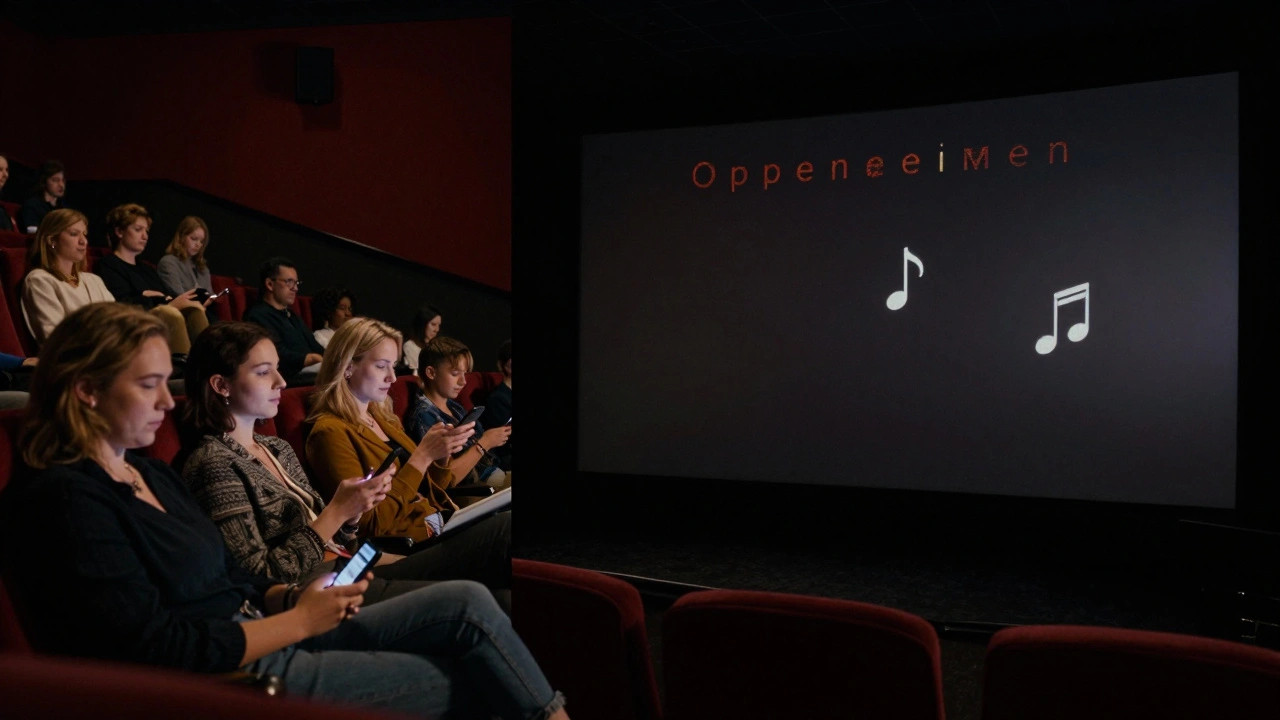 Diverse viewers watching a viral TikTok film analysis on their phones in a theater lobby, with the same clip projected on a screen.