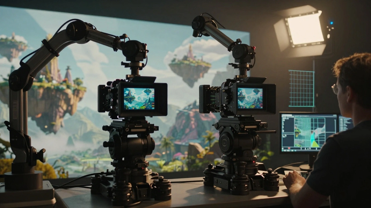 Dual camera rig filming a fantasy landscape with depth mapping visible on a monitor.