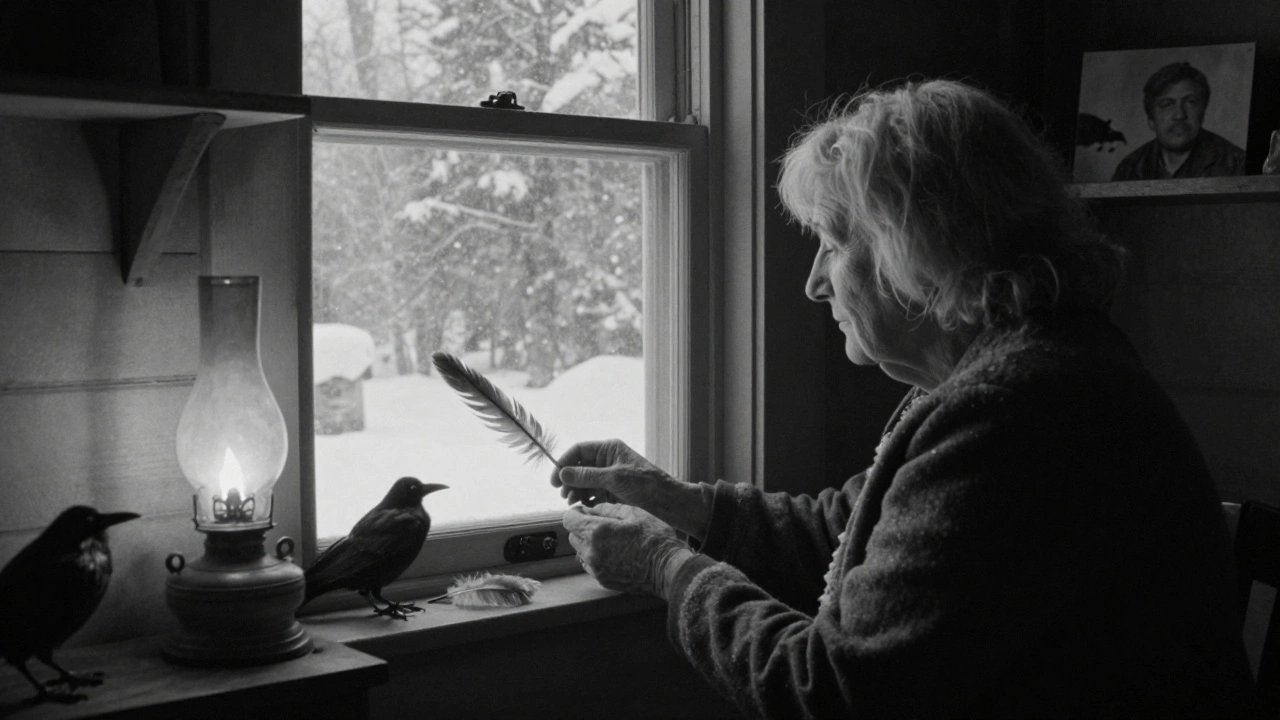 Elderly woman placing a crow feather on a windowsill in a quiet cabin