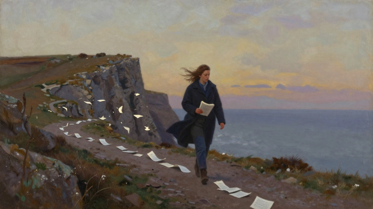 Emerald Fennell walking the South West Coast Path, script in hand, papers lifting like birds.