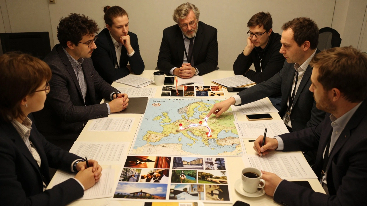 European film sales agents collaborating around a table with festival schedules and maps