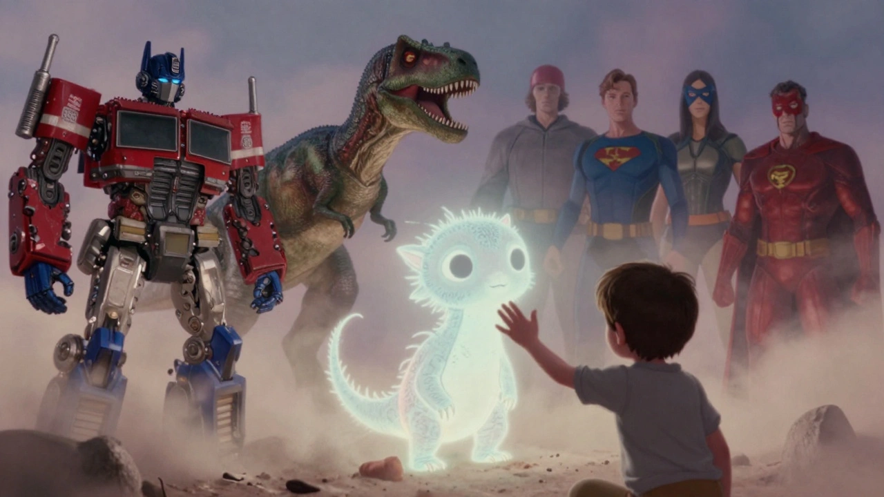 Familiar franchise characters dissolve into dust as a new, original creature emerges in glowing light.