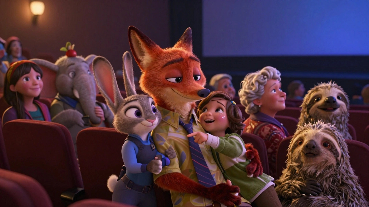Families of different animal species watching Zootopia 2 in a theater, emotionally moved by a scene about prejudice on screen.