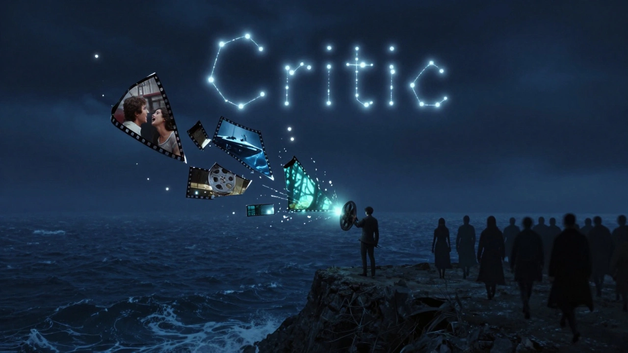 Figure on cliff holding fractured film reel with scenes from acclaimed movies