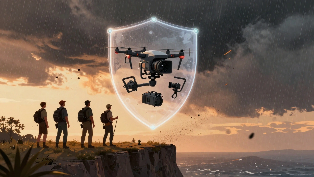 Film crew protected by glowing shield as storm of debris swirls around them on a cliff.