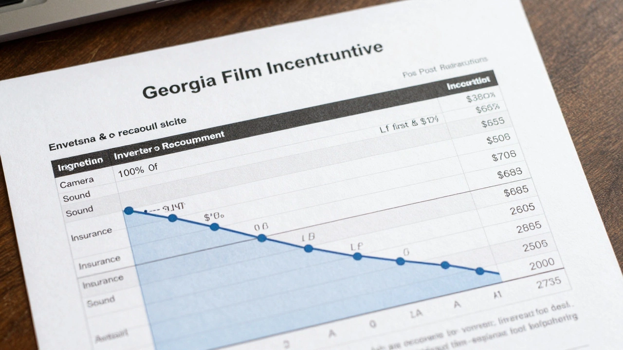 Film financial model with budget line items and investor recoupment waterfall chart.