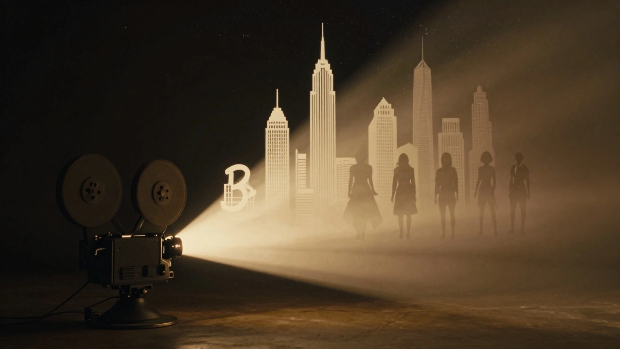 Film projector beam forming iconic female-directed movies as skyscrapers in a starry sky