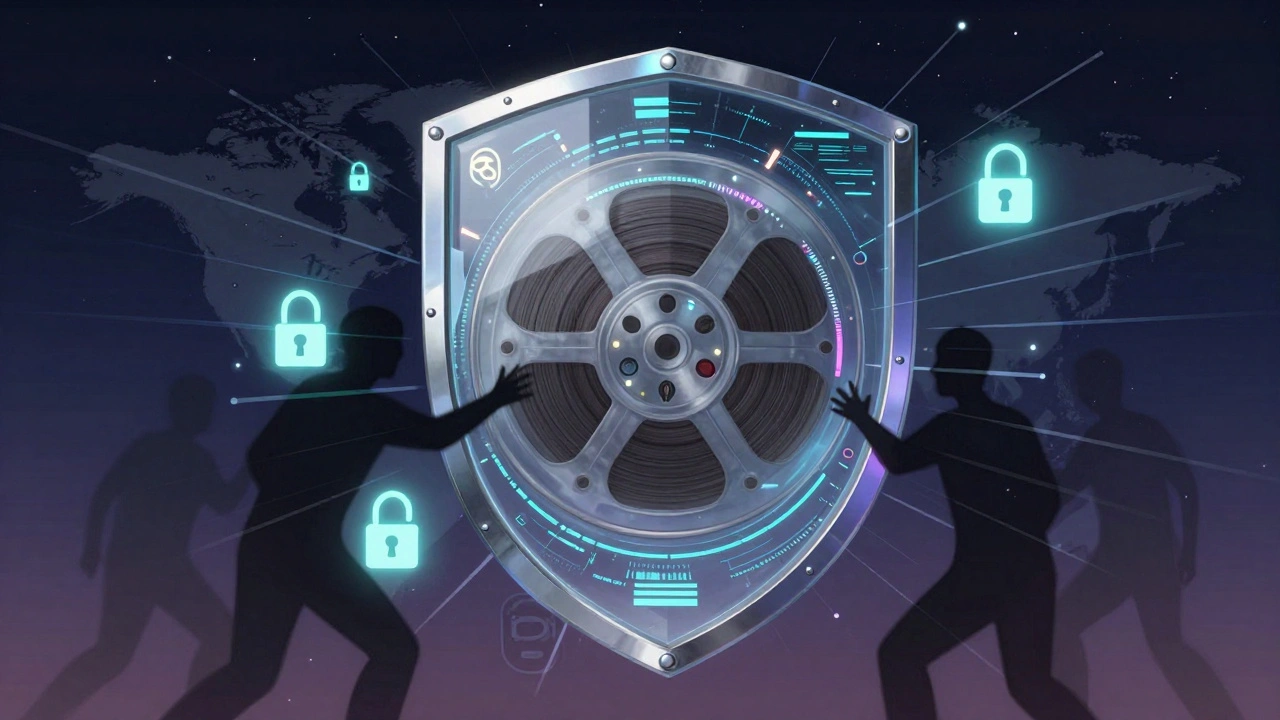 Film reel protected by digital encryption layers and geofenced boundaries.